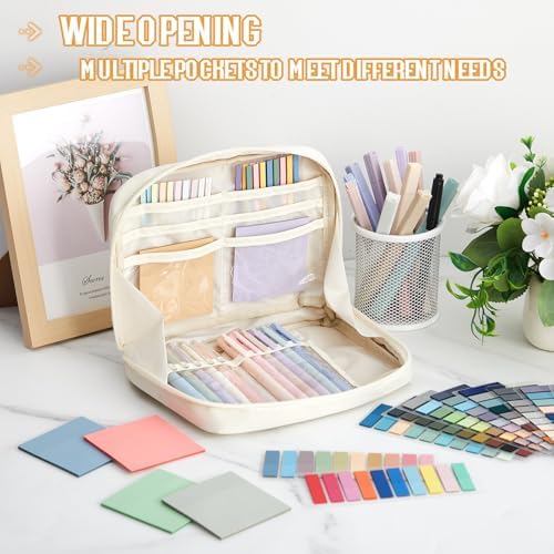 135 Pcs Book Annotation Kit Aesthetic Pencil Case Bag 12 Highlighter 11 Gel Pen 1 Marker 300 Sheet Transparent Sticky Notes Pad 2640 Index Stickers Bible Study Supplies(Kawaii,Beige)