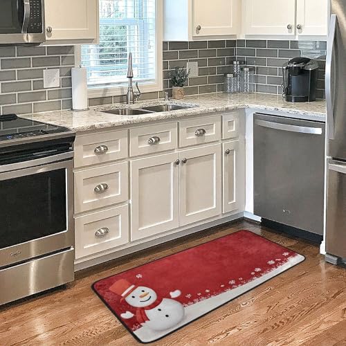 Christmas Snowman Kitchen Mat Winter Snowflakes Holiday Kitchen Rug Red Glitter Floor Mats Washable Non Slip Area Rug for Bedroom Living Room Home Decor 39" X 20"