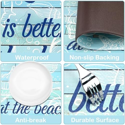 Beach Kitchen Mats for Floor Coastal Kitchen Rugs Cushioned Anti Fatigue Mats for Sink, Stove, Desk, Laundry,17"x30"+17"x47", Blue