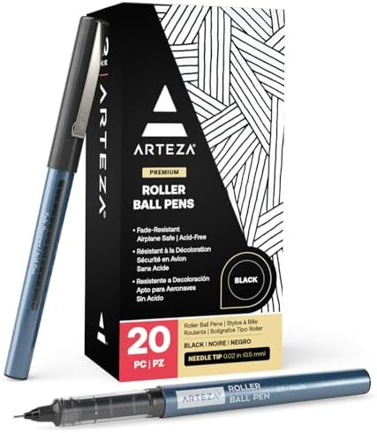 ARTEZA Rollerball Pens, 20 Pack, 0.5 mm Needle Nib, Black Liquid Ink