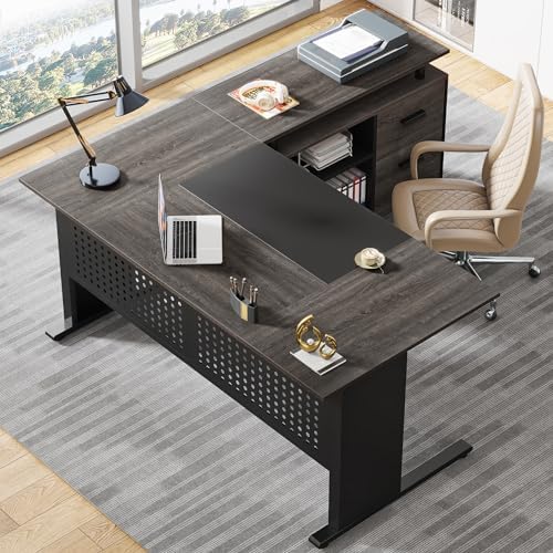 Tribesigns 63 Inch Executive Desk with File Cabinet, L Shaped Office Desk with Drawers and Storage Shelves, Business Furniture Set Workstation for Home Office, Gray and Black