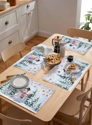 Snowman Placemat 1PC, Blue Merry Christmas Tree Red Balls Squirrel Heat Resistant Washable Table Place Mats Winter Cotton Table Linens Party Holiday Decor for Kitchen Dining Outdoor Indoor