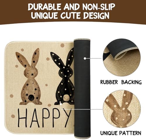 Happy Easter Kitchen Rugs and Mats Set of 2,Spring Rabbit Bunnies Polka Dots Farmhouse Non Slip Washable Floor Sink Mats Decorations for Home Kitchen 18"x48"+18"x30"