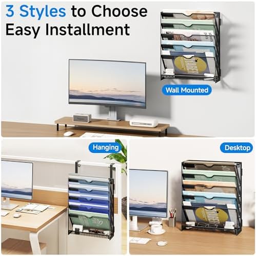 Lavatino 6-Tier Hanging File Organizer, Wall Mount File Holder for Mails Folders Papers Magazine Organization, Vertical Document Organizer for Office Home - Black