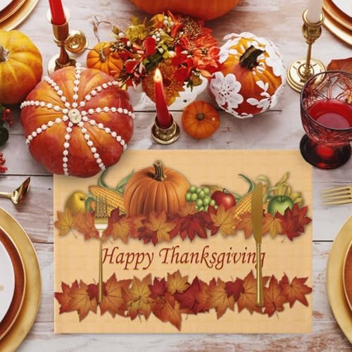 Vandarllin Thanksgiving Holiday Placemats Set of 4, Fall Harvest Pumpkins Cotton Linen Stain Resistant Table Mats Washable Placemat Decoration for Kitchen Dining Table,Autumn