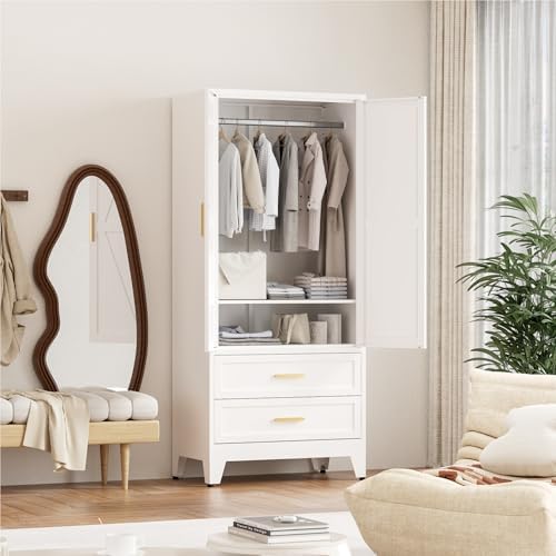 Washsemba 71'' Farmhouse Metal Wardrobe Cabinet with Hanging Rod, 2 Barn Door Wardrobe Closet with Adjustable Shelves,2 Drawer,for Dining Room,Bedroom,Living Room, Cloak Room,Office (White)