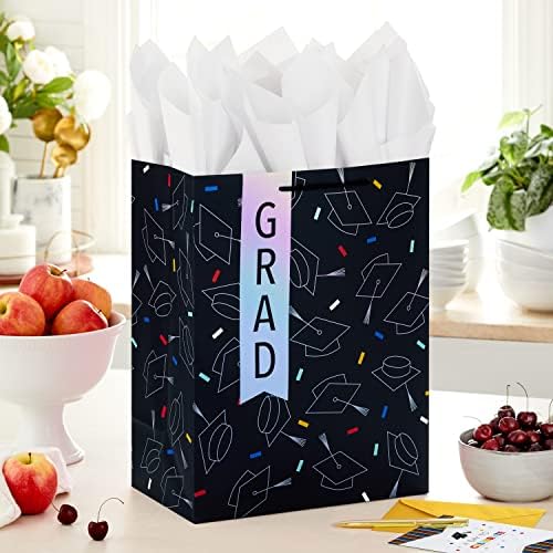 Hallmark 13" Large Graduation Gift Bag with Greeting Card and Tissue Paper (Black, Red, Blue, Holographic) for High School, College, Law School, Nursing, Kindergarten (Pack of 3)