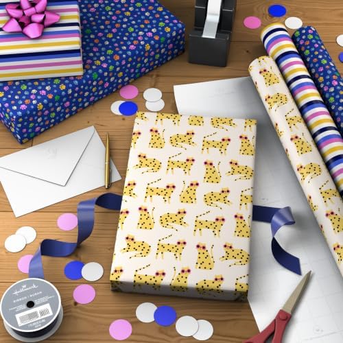 Hallmark Cat Wrapping Paper, 3 Rolls (Cheetah, Stripes, Paw Prints)