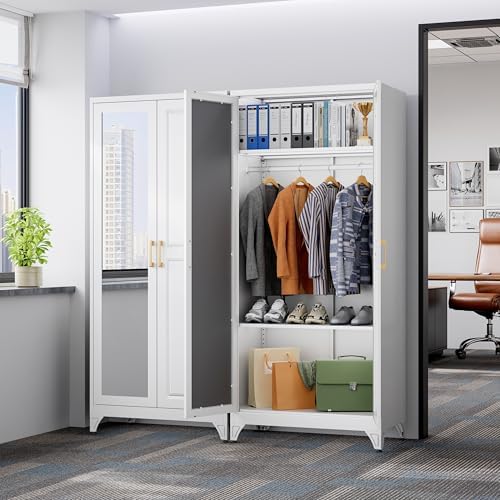 SteeLoong 71”Armoire Wardrobe Close,White Wardrobe Cabinet with Mirror Door