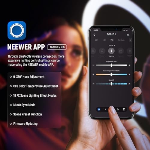NEEWER 18 Inch RGB LED Ring Light APP Control with Tripod Stand and Phone HolderCompatible with iPhone for Selfie Makeup Lash Studio Streaming Video Recording Lighting, 42W Ringlight Dimmable,RGB18 II