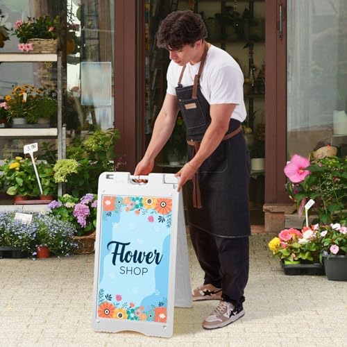 Jumbl A-Frame Signboard 15.7” x 26” Display Surface – Small Outdoor Sandwich Board w/Weather Resistant PVC Sign Protector & Sand Fill Holes – Dual Signage Stand for Storefront Sidewalk Curb (White)