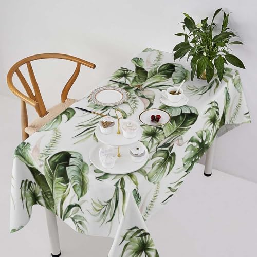 Green Tropical Leaves Tablecloth, Watercolor Jungle Plam Leaves Floral Botanical Print Farmhouse Holiday Tablecloths for Home Kitchen Party Dinner Decor 55x55in