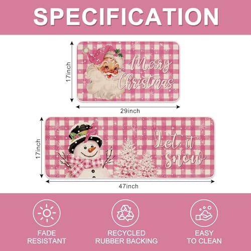 JarThenaAMCS Christmas Kitchen Mat Set of 2 Pink Plaid Santa Snowman Kitchen Floor Mats Winter Non-Slip Door Rugs for Xmas Party Home Entrance, 17 x 29 Inch & 17 x 47 Inch