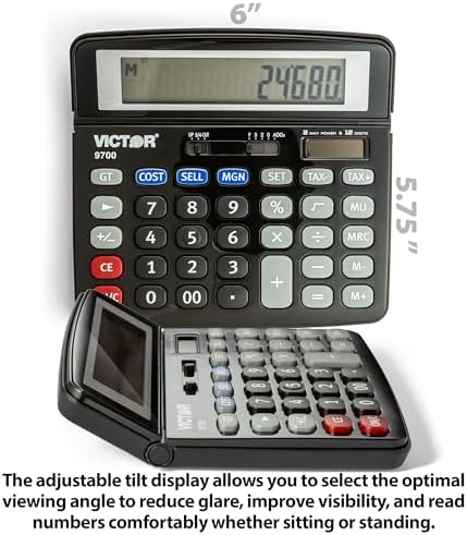 Victor 12-Digit Standard Function Business Calculator, Extra Large Tilt LCD Display, Dual Power Desktop Calculator, 12 x 0.5-Inches, Black (9700)