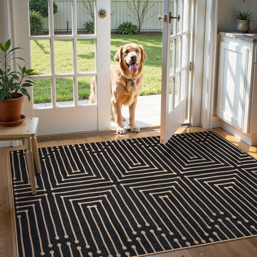 Lahome 3x5 Easy Jute Rugs for Entryway, Black and White Outdoor Rug