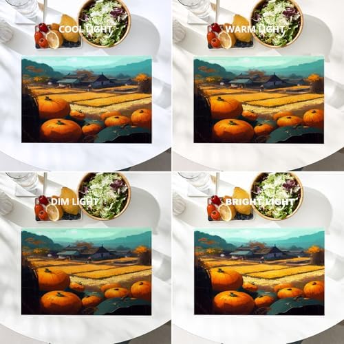 Batmerry Happy Thanksgiving Day Linen Placemats Set of 4,Pumpkin Harvest Golden Rice Fields Villages Washable Table Mats for Kitchen Table Thickened Heat Insulation Dining Set in & Out 12X18 in