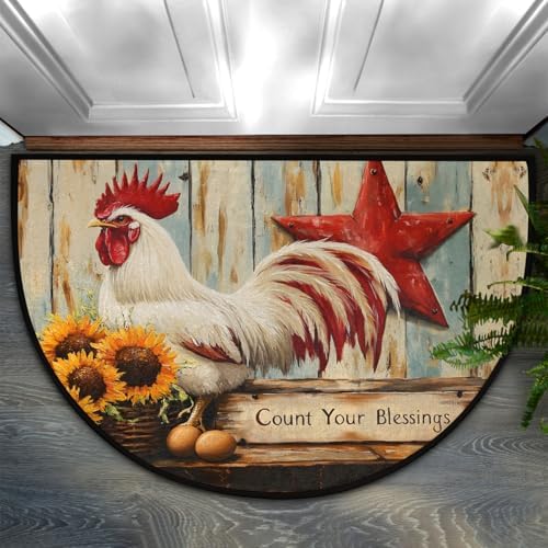 Rooster Sunflower Wood Half Round Door Mat Non Slip Washable Semi Circle Area Rug Absorbent Soft Half Moon Rug Floor Mat for Indoor Outdoor Kitchen Bathroom Patio Front Door Mat Decor