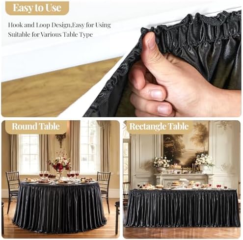 Wish Care 14ft Black Satin Table Skirt for Rectangle Tables Wrinkle Free Teacher Desk Skirt Glitter Ruffle Table Skirting Cloth for Back to School Classroom Office Dorm Birthday Party Table Decor