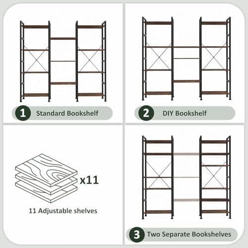 Triple Bookshelf, Free Standing Bookcase with Open Storage Shelves