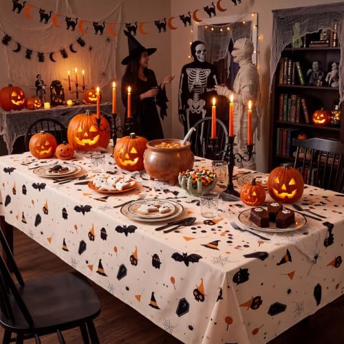 CXPSINC 54 Inch X 300 Feet Plastic Table Cover Roll Disposable Halloween Tablecloth with Slide Cutter Ghost Bat Plistic Table Covers for Halloween Party Decorations(Halloween Beige, 300 Feet)
