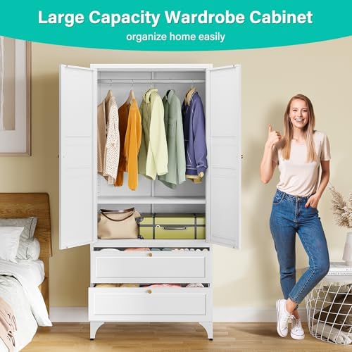 SISESOL Metal Wardrobe Cabinet with Drawer and Hanging Rod,Armoire Wardrobe Closet with Doors,White Metal Clothing Storage Cabinet with Adjustable Shelves,Armoire Storage Cabinets for Home,Bedroom