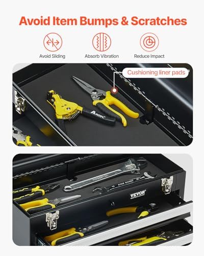 VEVOR Metal Tool Box, 20.5-inch, Portable Metal Tool Box with 3 Drawers, Small Tool Chest with EVA Liners, Ball Bearing Slide Drawers Locking & Powder Coated Finish, Multi-Function Tool Organizer