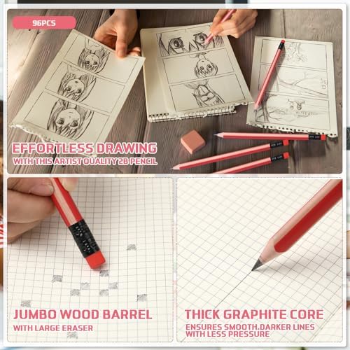 Seajan 96 Pcs 2b Jumbo Pencils, Big, Fat, Thick, Triangular Grip 7 Inch Large Pencils Refill with Eraser for Beginners Office Christmas Gifts(Red)