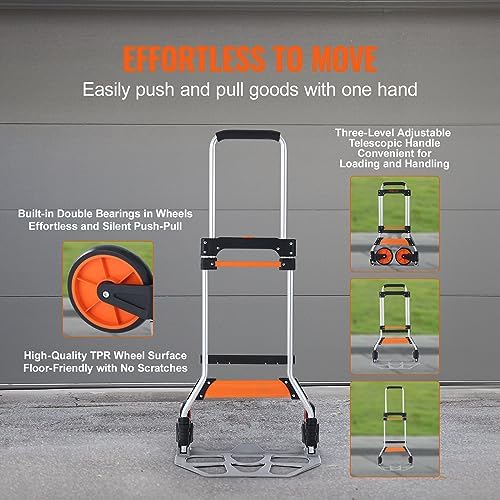 VEVOR Folding Hand Truck and Dolly, 275 Lbs Capacity, Aluminum Foldable Cart, Heavy-Duty Luggage Trolley Cart with Telescoping Handle and PP+TPR Wheels for Home, Office, Shopping, Travel