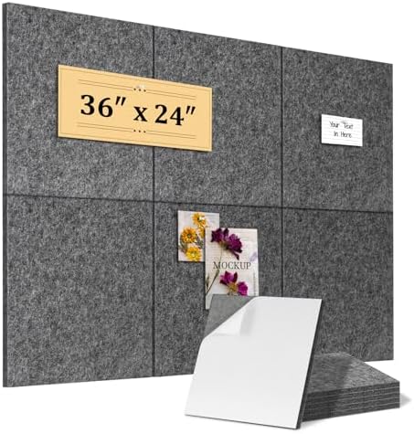 Fabric Bulletin Board 36"x24", 6-Pack Felt Wall Tiles, Gray