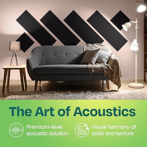 Acoustic Panels 12-Pack Soundproof Wall Panels 12"x12"x0.4" Decorative Sound Dampening for Your Home, Office, Studio, Bedroom & More with Unique LineWave Carving [Deep Black]