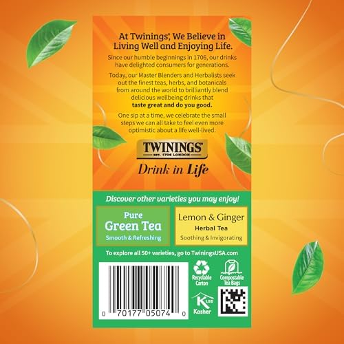Twinings Green Tea with Jasmine Individually Wrapped Bags, 20 Count (Pack of 1), Fragrant Floral Scent, Caffeinated, Enjoy Hot or Iced, 20 Teabags