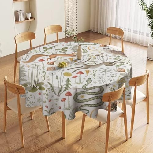 Country Forest Tablecloth, Wild Animal Hare Squirrel Owl Snake Snail Flowers Mushroom Table Cover for Tea Party Weddings Indoor Outdoor Dining, 60x60in