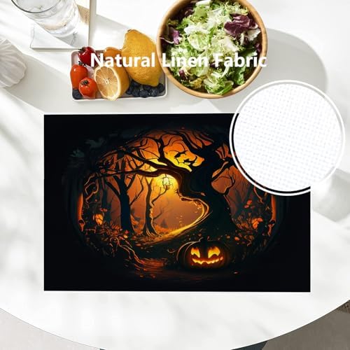 Batmerry Happy Halloween Funny Linen Placemats Set of 4, Pumpkins Lanterns Forests Terror Washable Table Mats for Kitchen Table Thickened Heat Insulation Dining Set Indoor Outdoor 12X18 in