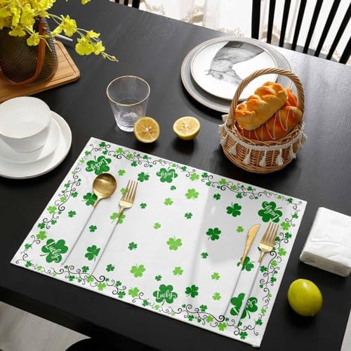 St. Patrick's Day Placemats Set of 6, Green Shamrock Irish Clover Heat Resistant Washable Dining Table Mats Seasonal Spring Holiday Farmhouse Decor for Kitchen&Table Linens Outdoor Indoor