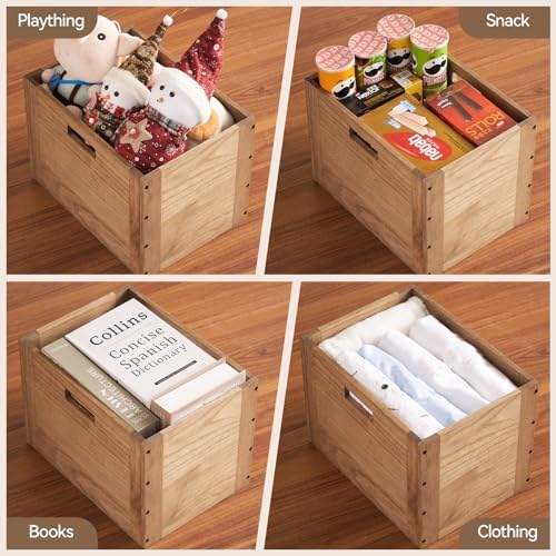 KIRIGEN Stackable Wood Storage Cube with Handles, Open Cubby Bin, Brown