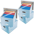 PRANDOM File Organizer Box - Set of 4 Collapsible Decorative Linen Filing Storage Hanging File Folders with Lids Office Cabinet Letter/Legal Size Blue 17.1x14x11.1 inch