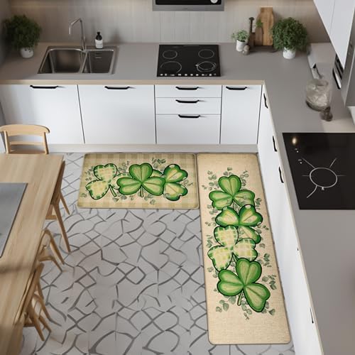 St Patricks Day Kitchen Decor Mats Set of 2, Non-Slip Absorbent Rug and Door Mats, Lucky Green Shamrock Clover Kitchen Floor Mat 17x29 and 17x47 Inch DM128