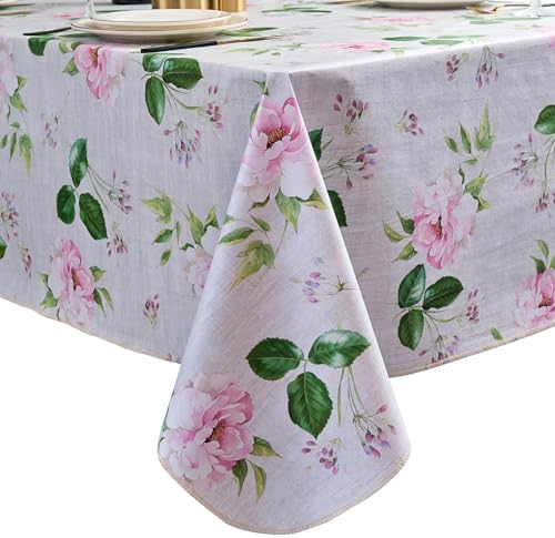LIBERECOO Reinforced Vinyl Tablecloth with Flannel Backing Waterproof Oil-Proof Floral Plastic Table Cloth Stain-Resistant Wipeable Table Cover Not Stiff