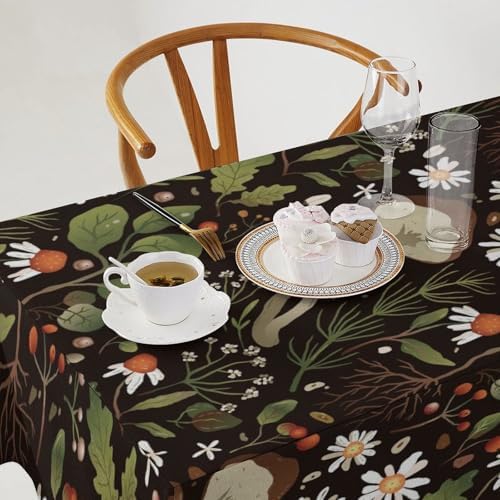 Wild Mushrooms Tablecloth, Rustic Chamomile Flowers Herbs Plants Retro Botanical Mushroom Natural Print Table Cover for Kitchen Dining Room Picnic Camping Indoor Outdoor 55x55in
