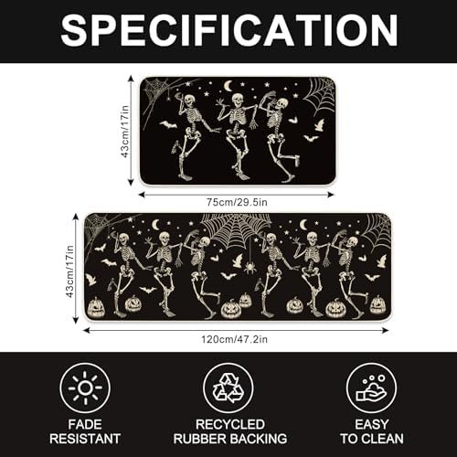 JarThenaAMCS Halloween Skeleton Kitchen Mats Spider Pumpkin Bat Welcome Floor Mat Non-Slip Black Door Rugs for Indoor Outdoor Bathroom, 17 x 29 Inch & 17 x 47 Inch