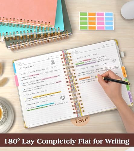 Spiral Notebook Journal with Removable Dividers Tabs, 300 Pages Hardcover Leather 5 Subject College Ruled Notebook, 6.1"x8.2" Large A5 Lined Journal for Women Men Spiral Notebook for Work School,Beige