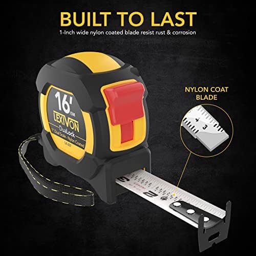 LEXIVON [2-Pack] 16Ft/5m DuaLock Tape Measure | 1-Inch Wide Blade with Nylon Coating, Matt Finish White & Yellow Dual Sided Rule Print | Ft/Inch/Fractions/Metric (LX-208)