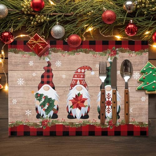 Gnomes Christmas Decorations Placemats Set of 6, Farmhouse Buffalo Plaid Red Black Cotton Line Stain Resistant Table Mats Washable Holidays Placemat For Kitchen Dining Table Winter Snowflakes