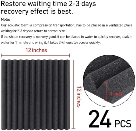 Focusound 24 Pack Black Grey Acoustic Foam Panels 1" x 12" x 12" Sound Proof Foam Panles Soundproofing Noise Cancelling Wedge Panels for Home Office Recoding Studio with 240PCS Double-Side Adhesive