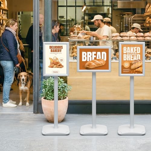3-Pack Sign Holder Stand with Heavy Duty Base, 8.5x11 Inch Pedestal Floor Standing Sign Holder, Adjustable Menu&Poster Stand for Display Indoor/Outdoor Restaurant, Store, Advertising, Silver