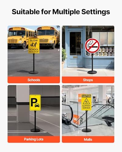 VEVOR Portable Sign Post, 2-Pack, 4 ft Tall, Metal Sign Stands with Heavy Duty Cast Iron Base, Multi-Hole Design for Easy Installation, Wind-Resistant, for Indoor and Outdoor Parking, Warning, Notice