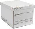 STAPLES Corrugated File Box, Lift-Off Lid, Letter/Legal, White/Black, 10/Pk | Stackable storage boxes for document organization in offices, archives, and storage rooms.