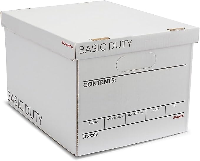 STAPLES Corrugated File Box, Lift-Off Lid, Letter/Legal, White/Black, 10/Pk | Stackable storage boxes for document organization in offices, archives, and storage rooms.