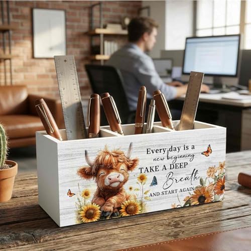 Motivational Highland Cow Pencil Pen Holder for Desk Organizer, Highland Cow Gifts, Farmhouse Highland Cows Nursery Wooden Box Decorations for Home Office Kids Room Desk Tabletop Decor