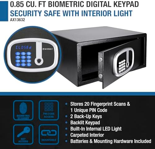 Barska 0.85 Cu Ft Digital Biometric Safe with Keypad – Fingerprint Scanner, ADA Compliant LED Display, Interior Light, Motorized Steel Locking Bolts, Secure Home Office Safe